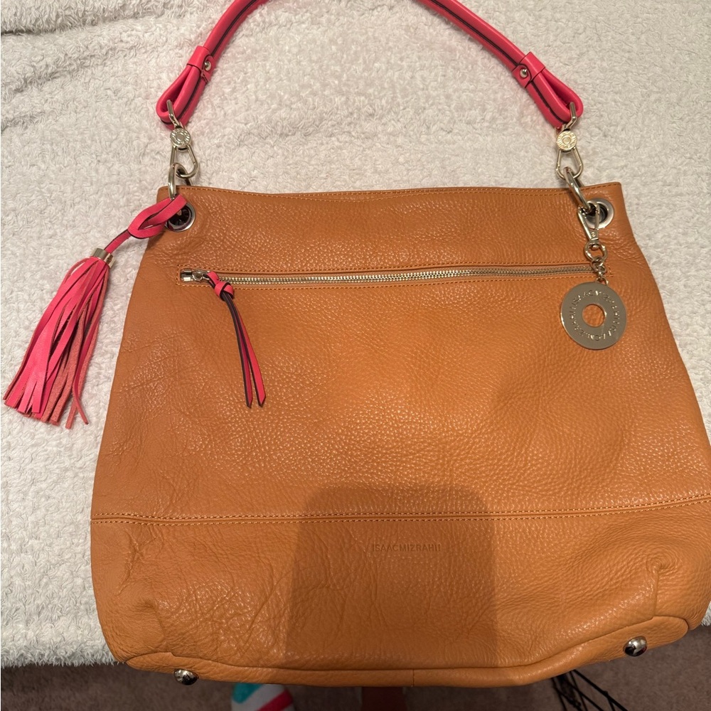 Isaac Mizrahi Tan Shoulder Bag with Pink Strap